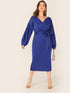 Plus Lantern Sleeve Wrap Belted Split Back Pencil Dress